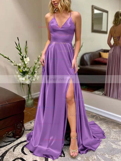 A-line V-neck Silk-like Satin Sweep Train Split Front Prom Dresses #Favs020106649