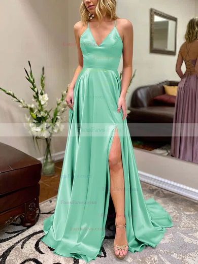 A-line V-neck Silk-like Satin Sweep Train Split Front Prom Dresses #Favs020106649
