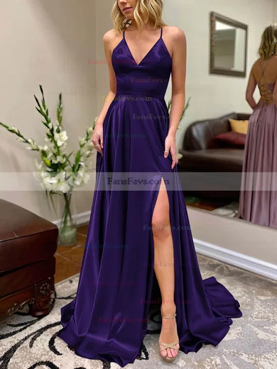 A-line V-neck Silk-like Satin Sweep Train Split Front Prom Dresses #Favs020106649