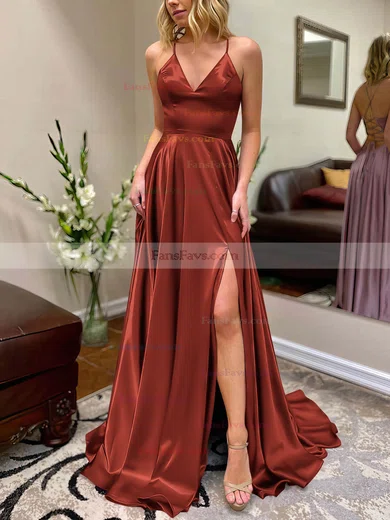 A-line V-neck Silk-like Satin Sweep Train Split Front Prom Dresses #Favs020106649