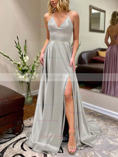 A-line V-neck Silk-like Satin Sweep Train Split Front Prom Dresses #Favs020106649