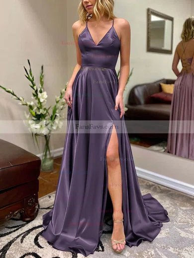 A-line V-neck Silk-like Satin Sweep Train Split Front Prom Dresses #Favs020106649