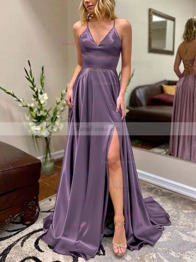A-line V-neck Silk-like Satin Sweep Train Split Front Prom Dresses #Favs020106649