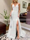 A-line V-neck Silk-like Satin Sweep Train Split Front Prom Dresses #Favs020106649