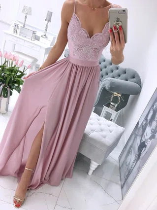 A-line V-neck Chiffon Sweep Train Appliques Lace Prom Dresses #Favs020106661 A-line V-neck Chiffon Sweep Train Appliques Lace Prom Dresses #Favs020106661