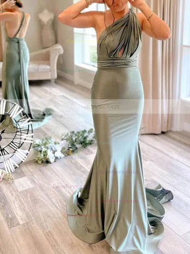 Trumpet/Mermaid V-neck Jersey Sweep Train Ruffles Prom Dresses #Favs020106692