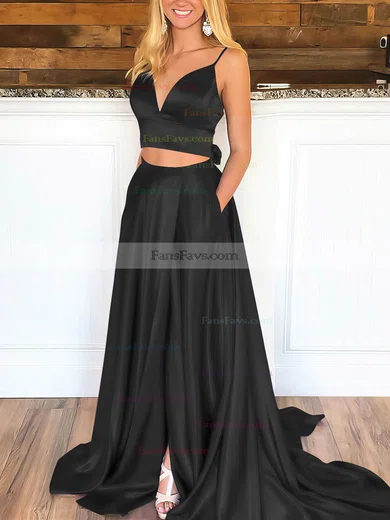 A-line V-neck Satin Sweep Train Pockets Prom Dresses #Favs020106705