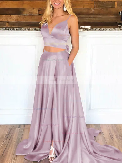 A-line V-neck Satin Sweep Train Pockets Prom Dresses #Favs020106705