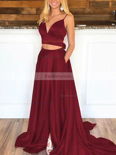 A-line V-neck Satin Sweep Train Pockets Prom Dresses #Favs020106705