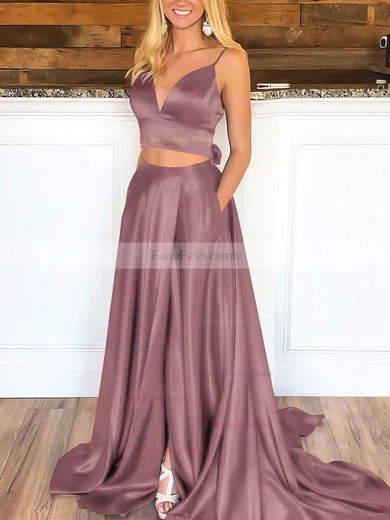 A-line V-neck Satin Sweep Train Pockets Prom Dresses #Favs020106705