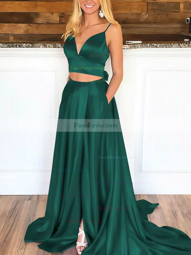 A-line V-neck Satin Sweep Train Pockets Prom Dresses #Favs020106705