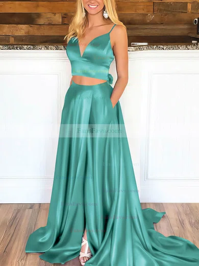 A-line V-neck Satin Sweep Train Pockets Prom Dresses #Favs020106705