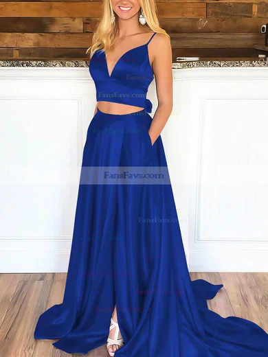 A-line V-neck Satin Sweep Train Pockets Prom Dresses #Favs020106705