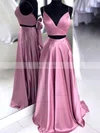 A-line V-neck Satin Sweep Train Pockets Prom Dresses #Favs020106705