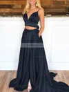 A-line V-neck Satin Sweep Train Pockets Prom Dresses #Favs020106705