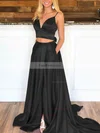 A-line V-neck Satin Sweep Train Pockets Prom Dresses #Favs020106705