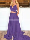 A-line V-neck Satin Sweep Train Pockets Prom Dresses #Favs020106705