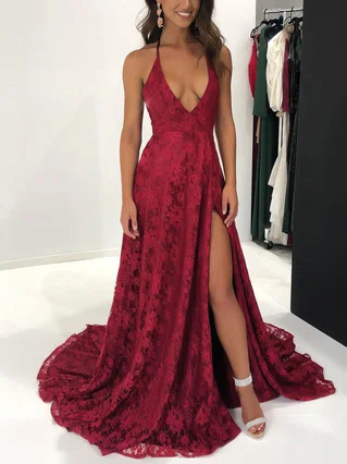A-line Halter Lace Sweep Train Split Front Prom Dresses #Favs020106713 A-line Halter Lace Sweep Train Split Front Prom Dresses #Favs020106713