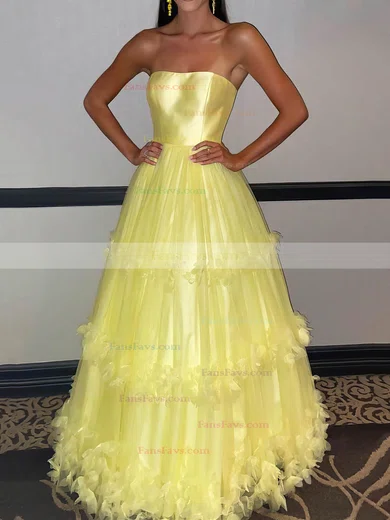 A-line Strapless Tulle Sweep Train Flower(s) Prom Dresses #Favs020106716