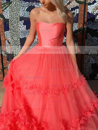 A-line Strapless Tulle Sweep Train Flower(s) Prom Dresses #Favs020106716