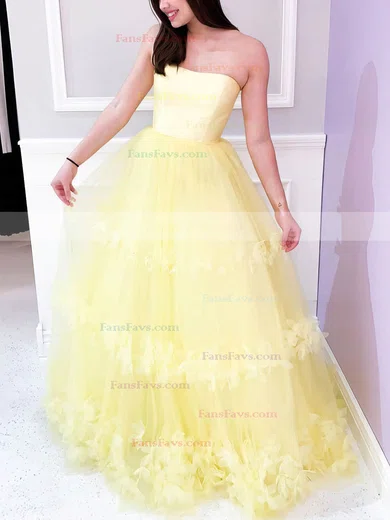 A-line Strapless Tulle Sweep Train Flower(s) Prom Dresses #Favs020106716