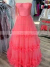 A-line Strapless Tulle Sweep Train Flower(s) Prom Dresses #Favs020106716