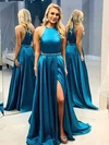 A-line Scoop Neck Satin Sweep Train Beading Prom Dresses #Favs020106735