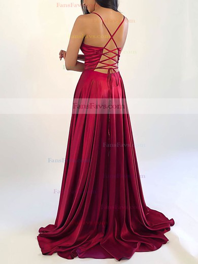 A-line V-neck Silk-like Satin Sweep Train Split Front Prom Dresses #Favs020106743