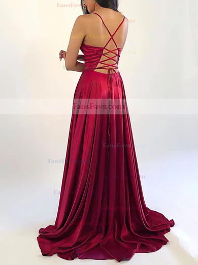 A-line V-neck Silk-like Satin Sweep Train Split Front Prom Dresses #Favs020106743
