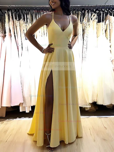 A-line V-neck Silk-like Satin Sweep Train Split Front Prom Dresses #Favs020106743