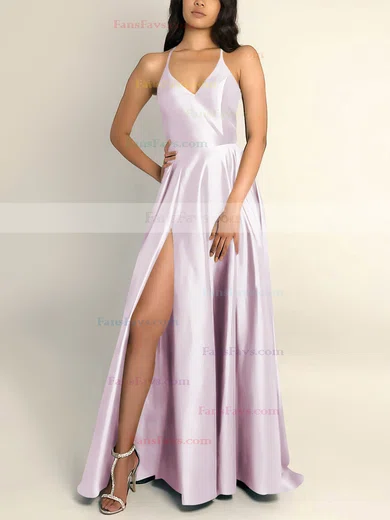 A-line V-neck Silk-like Satin Sweep Train Split Front Prom Dresses #Favs020106743