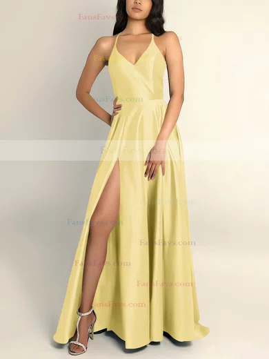 A-line V-neck Silk-like Satin Sweep Train Split Front Prom Dresses #Favs020106743