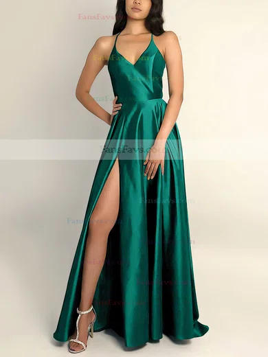 A-line V-neck Silk-like Satin Sweep Train Split Front Prom Dresses #Favs020106743