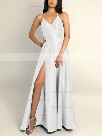 A-line V-neck Silk-like Satin Sweep Train Split Front Prom Dresses #Favs020106743