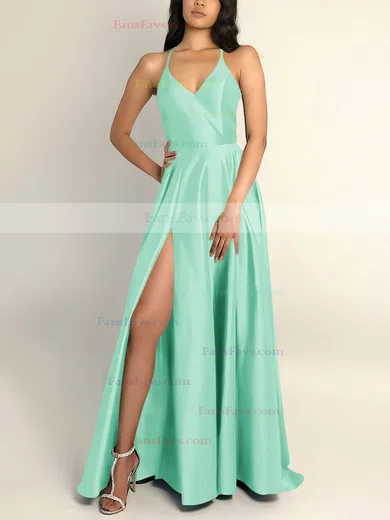 A-line V-neck Silk-like Satin Sweep Train Split Front Prom Dresses #Favs020106743