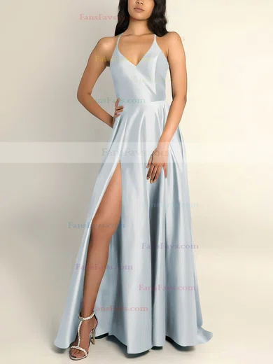 A-line V-neck Silk-like Satin Sweep Train Split Front Prom Dresses #Favs020106743