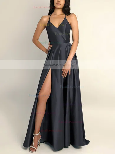 A-line V-neck Silk-like Satin Sweep Train Split Front Prom Dresses #Favs020106743