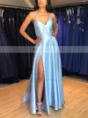 A-line V-neck Silk-like Satin Sweep Train Split Front Prom Dresses #Favs020106743