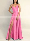 A-line V-neck Silk-like Satin Sweep Train Split Front Prom Dresses #Favs020106743