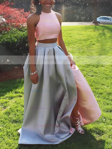 A-line Scoop Neck Satin Sweep Train Pockets Prom Dresses #Favs020106819