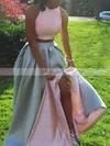 A-line Scoop Neck Satin Sweep Train Pockets Prom Dresses #Favs020106819