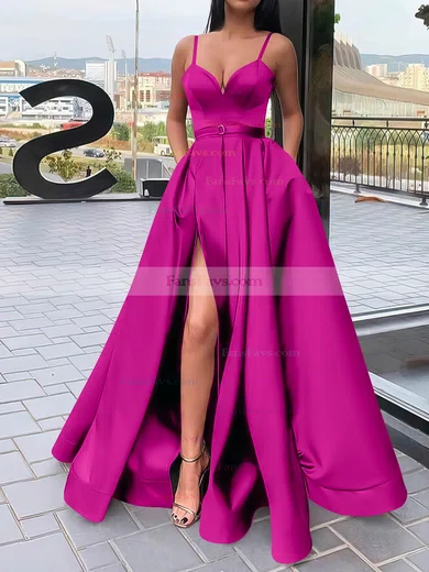 A-line V-neck Satin Sweep Train Sashes / Ribbons Prom Dresses #Favs020106827