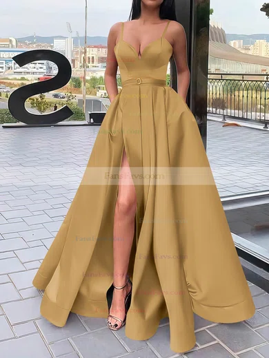 A-line V-neck Satin Sweep Train Sashes / Ribbons Prom Dresses #Favs020106827