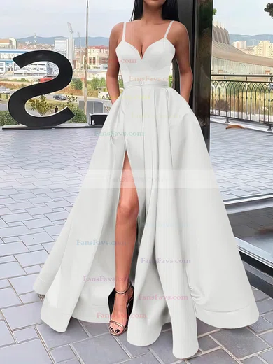 A-line V-neck Satin Sweep Train Sashes / Ribbons Prom Dresses #Favs020106827