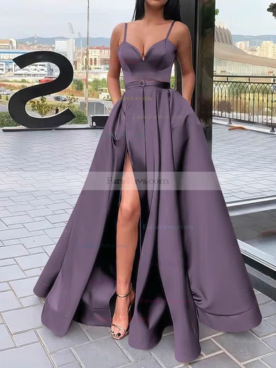 A-line V-neck Satin Sweep Train Sashes / Ribbons Prom Dresses #Favs020106827