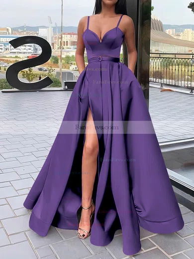 A-line V-neck Satin Sweep Train Sashes / Ribbons Prom Dresses #Favs020106827