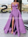A-line V-neck Satin Sweep Train Sashes / Ribbons Prom Dresses #Favs020106827