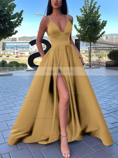 A-line V-neck Satin Sweep Train Pockets Prom Dresses #Favs020106839