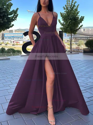 A-line V-neck Satin Sweep Train Pockets Prom Dresses #Favs020106839
