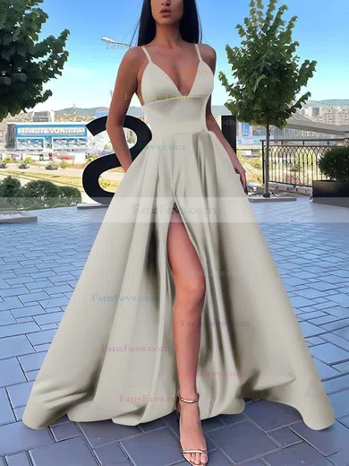 A-line V-neck Satin Sweep Train Pockets Prom Dresses #Favs020106839